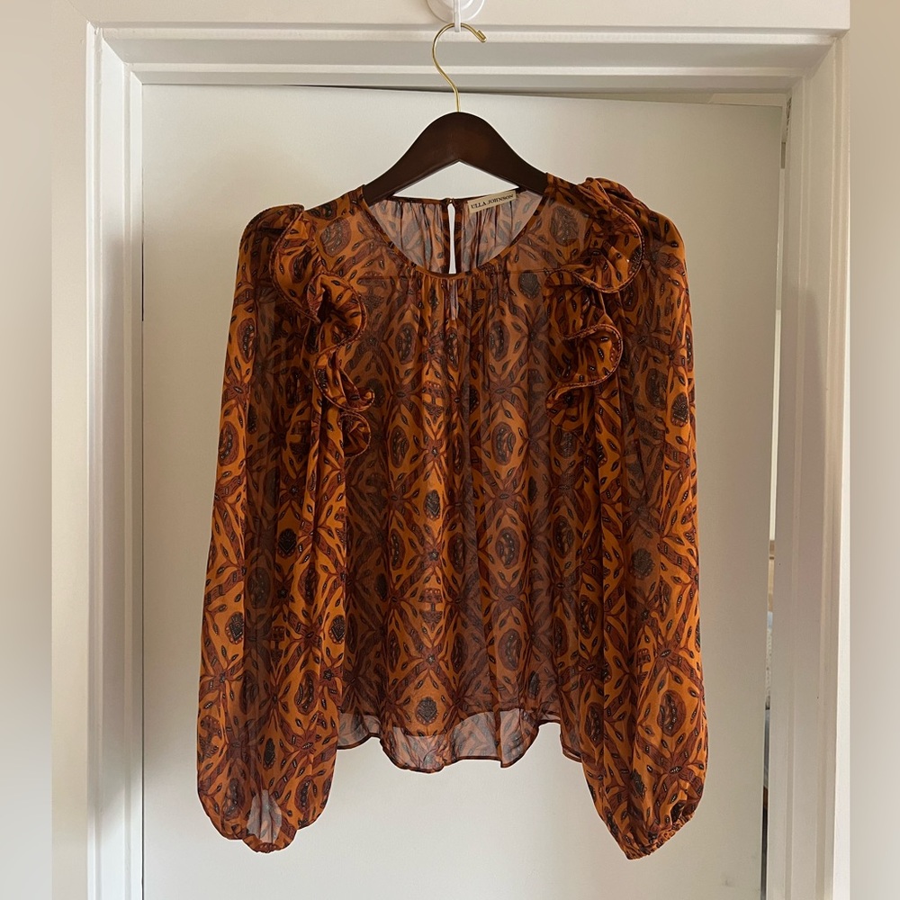 Ulla Johnson Orange Print Silk Blouse Long Sleeve